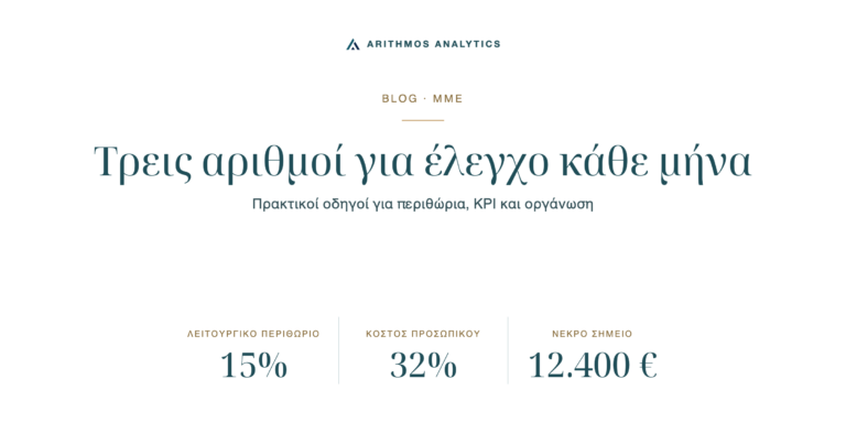 Τρεις αριθμοί για έλεγχο κάθε μήνα: Λειτουργικό περιθώριο 15%, Κόστος προσωπικού 32%, Νεκρό σημείο 12.400 €