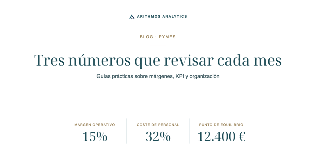 Tres números que revisar cada mes: Margen operativo 15%, Coste de personal 32%, Punto de equilibrio 12.400 €