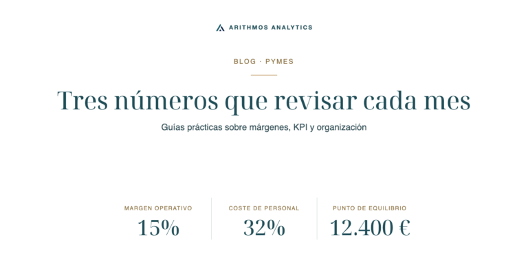 Tres números que revisar cada mes: Margen operativo 15%, Coste de personal 32%, Punto de equilibrio 12.400 €