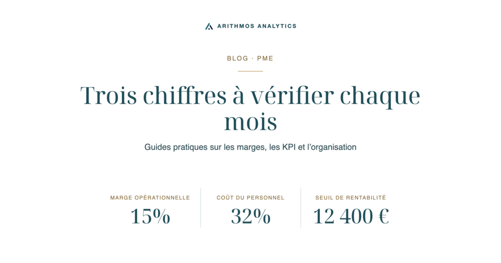Trois chiffres à vérifier chaque mois: Marge opérationnelle 15%, Coût du personnel 32%, Seuil de rentabilité 12 400 €